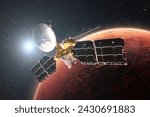 Small photo of Technological satellite flies in orbit of the red planet Mars. Exploring the planet Mars. Surface of Mars with craters in stellar space with the sun. Mars Reconnaissance Orbiter