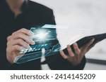 Small photo of Businessman using tablet and computer Online bidding using artificial intelligence or AI system to help process competition concept bid winner highest bidder in final lift e-auction and online bidding