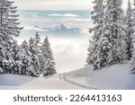 View from Mountain Wannenkopf near Nagelfluhkette in winter above the clouds