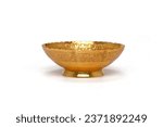 Small photo of metal bowl,Brass bowl isolated in white background,Thai Golden tray with pedestal for put something.Old antique vintage gold, brass bowl on white background,Fine metal cup sugar bowl isolated on white