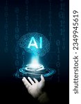 Small photo of brain circuit on open hand.Artificial Intelligence or AI brain analysis information.Technology and science concept,machine learning system.Hi-tech and futuristic world.Digital concept background.