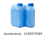 Small photo of Two plastic bottles with blue antifreeze or coolant water isolated on white background. Canisters of non-freezing liquid, mock up, copy space.