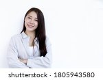 White background picture ,Young business women in Asia are smiling, Text input,  Business professional Concept.