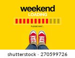 Weekend Loading Content with Young Person Wearing Red Sneakers from Above Standing in front of Loading Progress Bar, waiting for the End of the Week, Top View