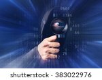Small photo of Spyware virus software, bizzare spooky hooded hacker with magnifying glass analyzing computer hexadecimal code, stealing online identity, breaking into personal web accounts.