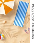Vector poster of summer beach. Flyer with beach chair on sand with seashells, flip flops, beach umbrella and ball. Vector 3d ad illustration for promotion of summer goods.