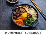 Traditional Korean dish- bibimbap: rice with vegetables and beef