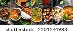 Small photo of Collage of food in the dishes. A variety of food, vegetables, chicken, top view. Options for dishes. Dinner options in plates.