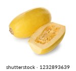 Whole and cut spaghetti squashes on white background