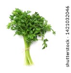 Small photo of Bunch of fresh parsley isolated on white, top view