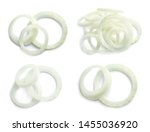 Set of raw onion rings on white background