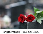 Red roses on black granite...