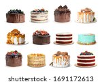 Set of different delicious cakes isolated on white 