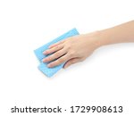 Woman with rag on white background, closeup of hand