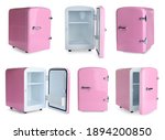 Set with mini refrigerators for cosmetics on white background 