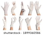 Collage with photos of woman wearing medical gloves on white background, closeup
