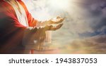 Jesus Christ reaching out his hands and praying at sunset, banner design