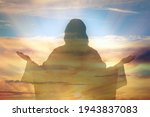 Silhouette of Jesus Christ and cloudy sky, double exposure