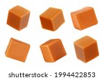 Set with delicious caramel candies on white background. Banner design