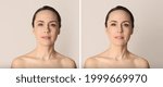 Small photo of Photo before and after retouch, collage. Portrait of beautiful mature woman on beige background, banner design