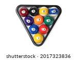 Plastic rack with billiard balls on white background, top view