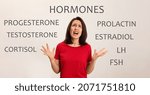 Small photo of Hormones imbalance. Annoyed mature woman and different words on light background, banner design
