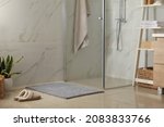 Small photo of Soft grey bath mat and slippers on floor in bathroom