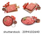 Set with fresh raw minced meat and other ingredients on white background