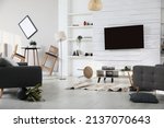 Chaotic living room interior after strong earthquake