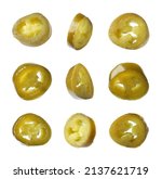 Small photo of Set with pickled green jalapeno peppers on white background