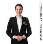 Small photo of Portrait of happy young receptionist in uniform on white background