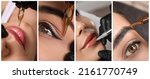 Small photo of Collage with different photos of women undergoing permanent makeup procedures. Banner design