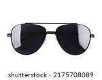 New stylish aviator sunglasses isolated on white, top view