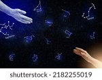Zodiac compatibility. Man and woman reaching hands to each other and constellations in night sky with stars