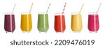 Small photo of Set with different tasty smoothies on white background. Banner design