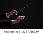 Small photo of Professional conductor with baton on black background, closeup