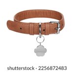 Brown leather dog collar with tag isolated on white