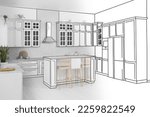 Small photo of From idea to realization. Stylish kitchen interior. Collage of photo and sketch