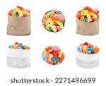 Collage with paper bags of tasty jelly candies on white background, different sides