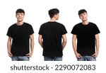 Small photo of Collage with photos of man in black t-shirt on white background, back and front views. Mockup for design