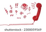 Small photo of Complaint. Red corded telephone handset and different illustrations on white background