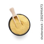 Small photo of Brewer's yeast powder and scoop in bowl isolated on white, top view