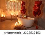 Stylish bathroom decorated for Valentine's day. Interior design