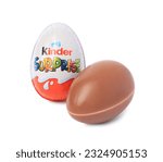 Small photo of Slynchev Bryag, Bulgaria - May 23, 2023: Two Kinder Surprise Eggs on white background