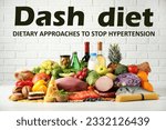 Small photo of Dash diet (Dietary approaches to stop hypertension). Many different healthy food and drinks on white table