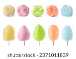 Set of different colorful cotton candies isolated on white