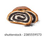 Slices of poppy seed roll isolated on white. Tasty cake