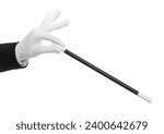 Small photo of Magician holding wand on white background, closeup