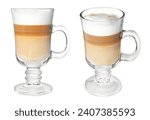 Delicious latte macchiato on white background, different angles