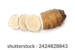 Small photo of Cut turnip rooted chervil tuber isolated on white, top view
